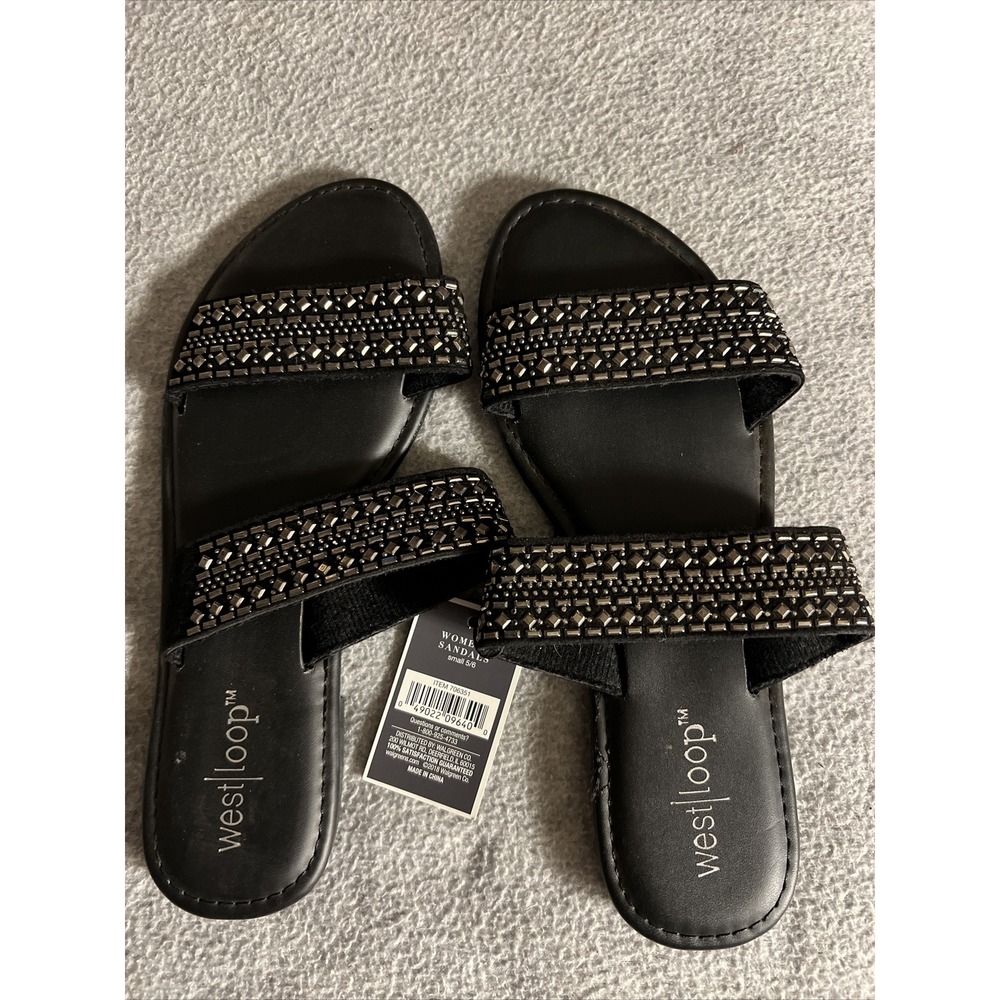 West Loop Cushion Insole Rhinestone Strap Slide Sandals‎ Women's SM (5/6) Black